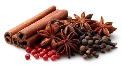 Close up of cinnamon sticks star anise cloves and red peppercorns on a white background surface