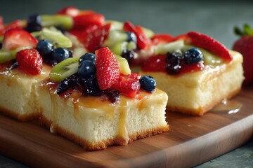 Obstkuchen Blechkuchen Obstkuchen mit Fr&uuml;chten Sommerfr&uuml;chte Kuchen Erdbeeren Kiwi Heidelbeeren Pfirsiche Fruchtkuchen mit Guss Biskuitboden mit Obst Fruchtkuchen Sommer Backen Rezept einfach