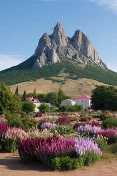 stunning landscape of simferopol featuring majestic mountains in background and field filled with colorful flowers