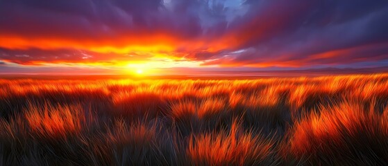 A breathtaking sunset casts vibrant orange and purple hues over a field of tall grass, creating a stunning natural landscape rich in color and tranquility.