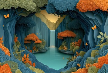 Serene Jungle Landscape with Waterfall and Vibrant Autumn Foliage