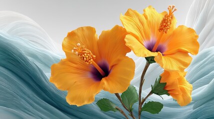Vibrant Orange Hibiscus Flowers with Graceful Blue Background and Soft Textures