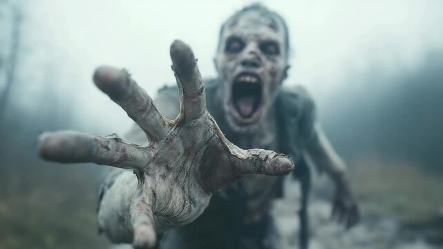 Decaying, infected zombie with rotting flesh and gaping wounds menacingly extending skeletal hand through misty, desolate forest landscape, embodying post apocalyptic horror nightmare