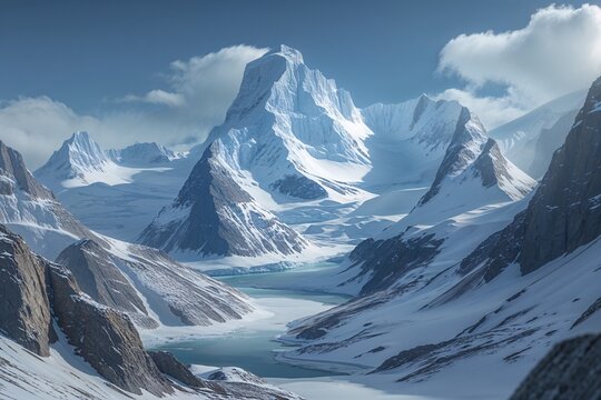 Snowy mountain peaks and frozen lake landscape