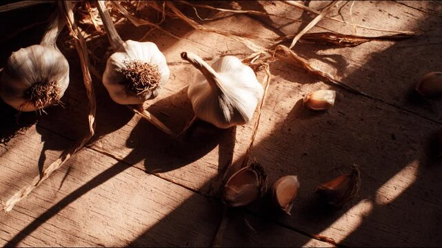 Close up of garlic bulbs with some seeds on a wooden surface.
