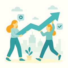 Flat Illustration Two Women Holding Arrow Up Representing Business Growth