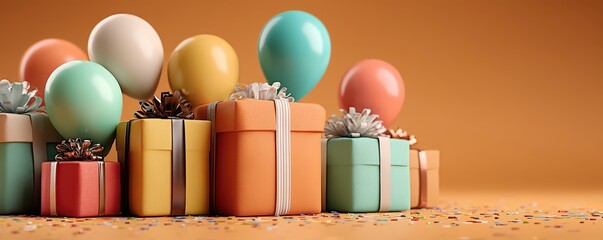 Colorful Gift Boxes with Balloons on an Orange Background for Festive Celebrations