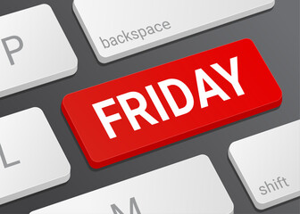 Fototapeta premium Close Up Friday Button on Laptop or Computer Keyboard for Calendar Scheduling, Weekly Planner, Date Selection, Reminder, and 3D Interface Illustration