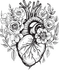 Anatomical Floral Heart Vector Black Botanical Logo Icon Black Vector Logo Anatomical Heart with Floral Design