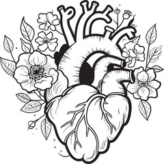 Anatomical Floral Heart Vector Black Botanical Logo Art Black Vector Floral Heart Anatomical Botanical Design Emblem