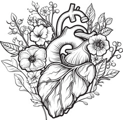 Anatomical Floral Heart Emblem Black Botanical Vector Design Black Vector Logo Anatomical Floral Heart Botanical Design