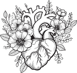 Botanical Floral Heart Anatomical Black Vector Emblem Icon Anatomical Heart with Flowers Black Vector Botanical Art