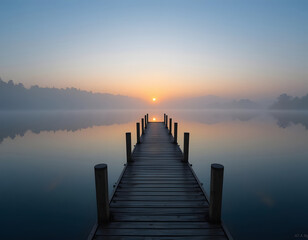 Fototapeta premium Wooden pier extends into calm lake at sunrise with mist and golden sky