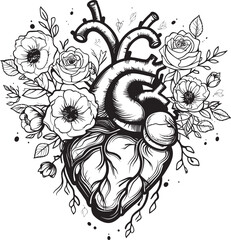 Anatomical Heart Vector Logo Black Botanical Floral Emblem Black Floral Heart Vector Anatomical Botanical Logo Design