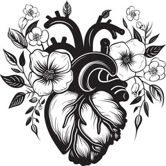 Anatomical Floral Heart Black Vector Botanical Design Emblem Black Anatomical Floral Heart Vector Botanical Logo Icon