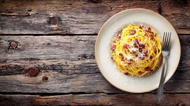 A plate of delicious carbonara pasta on a rustic wooden table.