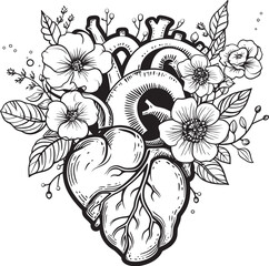 Vector Black Logo Anatomical Heart with Botanical Florals Anatomical Floral Heart Black Botanical Vector Emblem