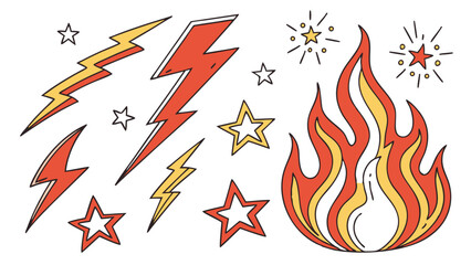 Hand-drawn retro style lightning bolts and fire flame with stars