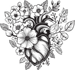 Black Floral Heart Vector Anatomical Botanical Logo Icon Anatomical Floral Heart Vector Black Botanical Emblem Symbol