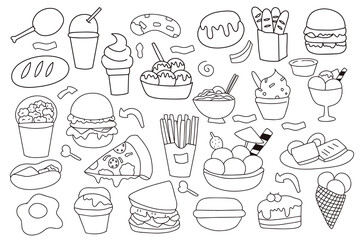Set of popular streetfood mos world, doodles illutration. coloring book