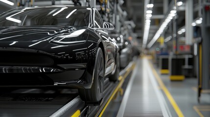 Fototapeta premium Electric Vehicle Production Line with Modern Cars in Automobile Factory