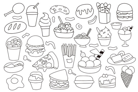 Set of popular streetfood mos world, doodles illutration. coloring book