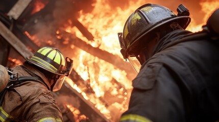 Fototapeta premium Firefighters Battling Blaze in Intense Flames and Smoke Encounter