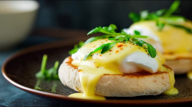 Delicious eggs benedict with vibrant toppings, a culinary delight.