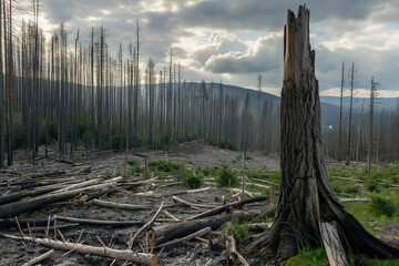 landscape with dead forest, charred trees and fallen trunks in vast forest, forest fire, borkenkäfer, photorealistic, OeBV