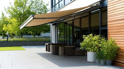 Fototapeta premium Modern Outdoor Patio with Awning and Green Plants in Daylight