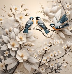 A beautifully intricate design unfolds with delicate illustrations of flowers and birds, capturing a serene moment in nature. 