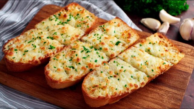Deliciously golden garlic bread slices, perfect for a flavorful meal.