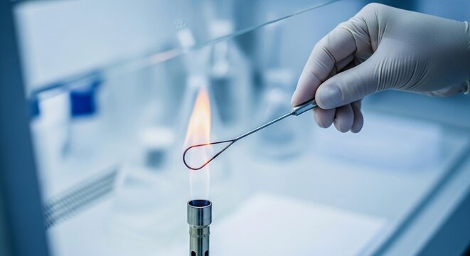 Laboratory Sterilization: A Close-up of a Gloved Hand Using a Bunsen Burner to Sterilize a Wire Loop