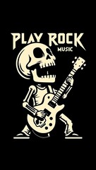Cartoon Skull Playing Electric Guitar – Monochrome Heavy Metal Rock T-Shirt Design AI