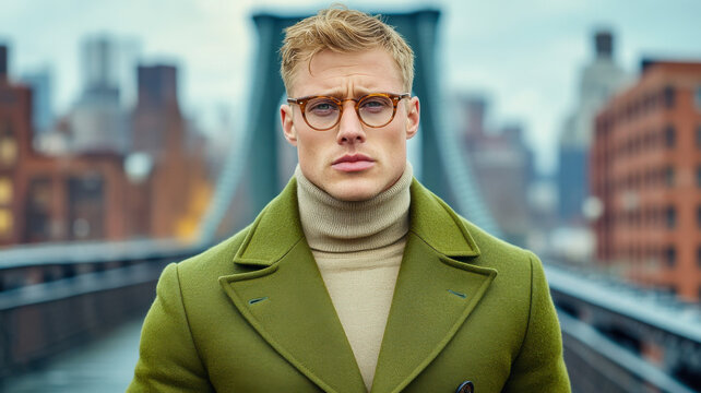 Man in an olive-green overcoat and beige turtleneck, standing confidently on a bridge - Powered by Adobe