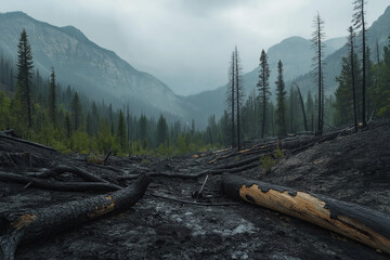 landscape with dead forest, fallen branches, tree trunks, cloudy day, photorealistic