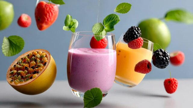Colorful fruit smoothie with a variety of fruits and a green leaf. Concept of freshness and healthiness