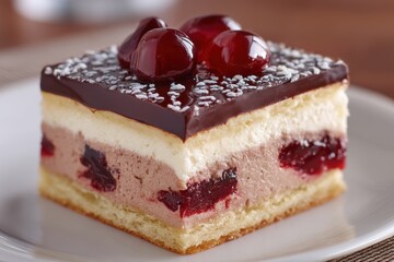 Donauwelle Kirschkuchen mit Schokoglasur Buttercremetorte Schichtkuchen Kirschtorte Sahnetorte Biskuit mit Kirschen Hausgemacht Kuchenst&uuml;ck Festtagstorte Kuchendekor Schokoladenkuchen Foodfotografie