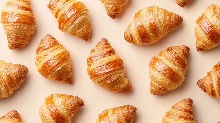 A collection of freshly baked croissants is artistically arranged on a soft, neutral background. Their golden-brown layers and glossy finish showcase their rich texture and flavor