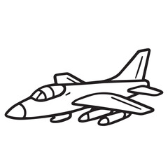 A black and white vector of a fighter jet, outlined in bold black lines, showcasing sharp angles and military aircraft design details.

