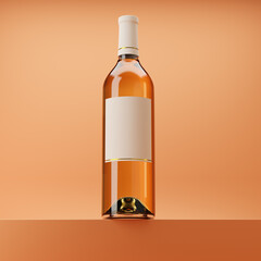 Bottle of white wine with blank label standing on a podium isolated over orange background. Mockup template. 3d rendering.
