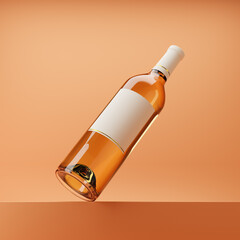 Bottle of white wine with blank label standing on a podium isolated over orange background. Mockup template. 3d rendering.