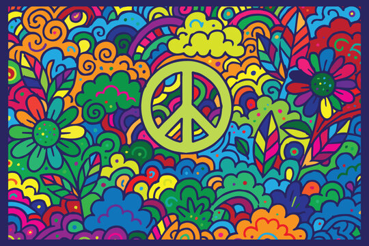 A lively peace themed vector doodle background in full color, filled with whimsical shapes, peace symbols, and joyful drawings to spread love.