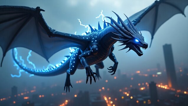 Majestic Blue Dragon Soaring Above Cityscape Fantasy Art, Digital Painting, Mythical Creature, Lightning Bolts, Epic Illustration