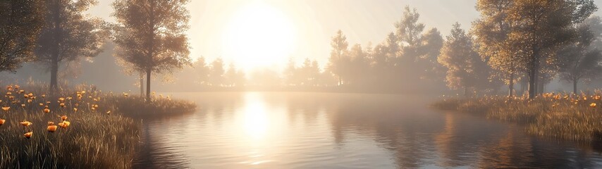 A serene sunrise over a tranquil lake, framed by misty trees and blooming wildflowers, creating a peaceful and reflective atmosphere in nature.