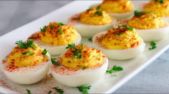 A visually appealing plate of delicious deviled eggs, perfect for any culinary project.