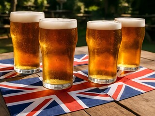 Beer Day Britain – Cold Pints with Union Jack Decor on Pub Table