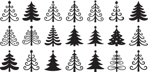 Naklejka premium Christmas Tree Icon Set – Decorative Swirl and Solid Tree Silhouettes