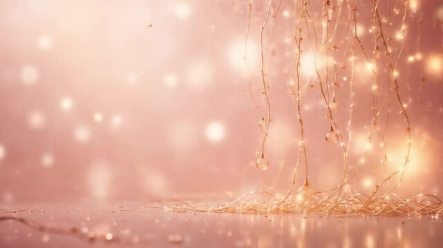 Golden champagne fairy lights cascading like liquid light, softly reflecting on solid dusty rose background.
