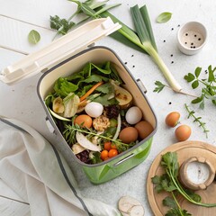 Top view of a home composting bin with vegetable scraps, eggshells, and biodegradable materials. Eco-conscious kitchen setting, clean and natural aesthetic.